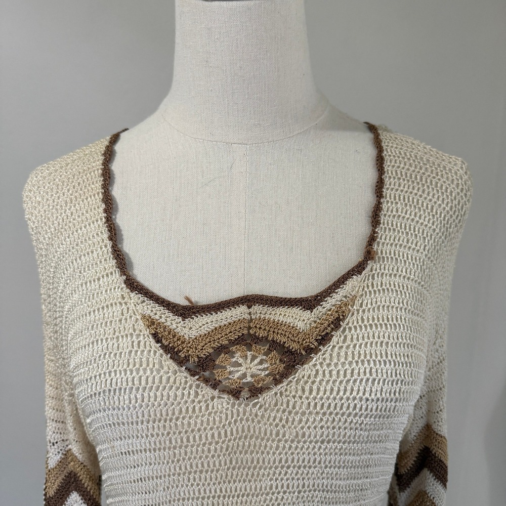 Vintage Silk Blend Crochet Knit Top Sweater Bell Sleeve Cream Brown Small 70s - Picture 2 of 10